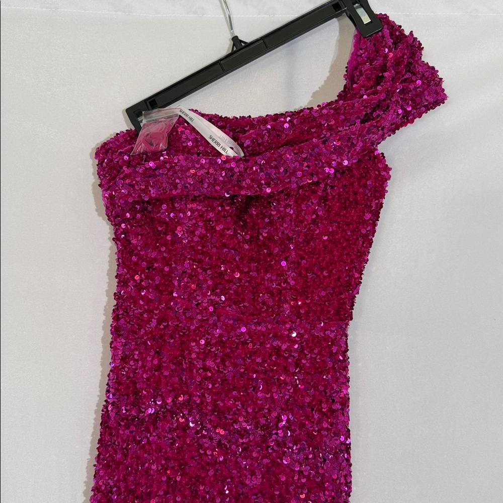 NWT Sherri Hill Fuchsia Sequins Gown Size 0 One Shoulder High Slit - Picture 5 of 15